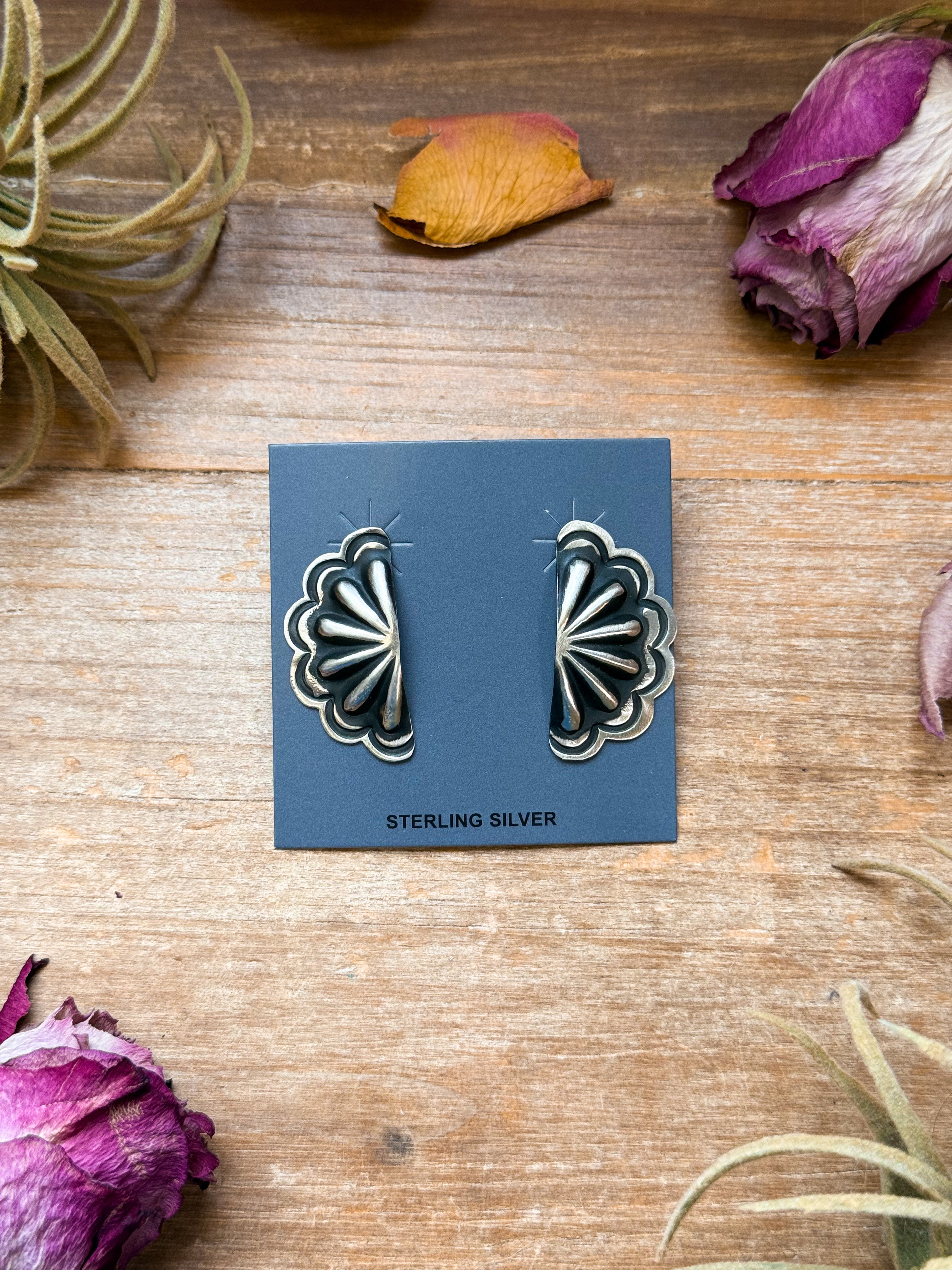 Sterling Silver Half Cluster Concho Earrings – Native Made by L. Tahe (Navajo Artist)