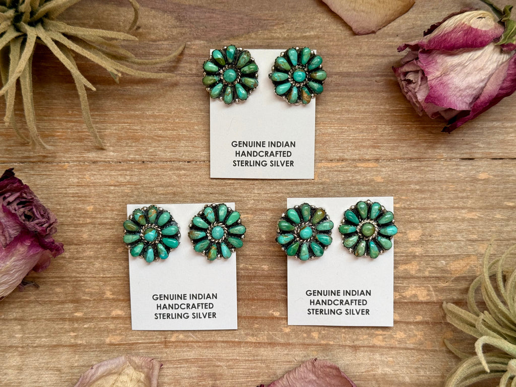 Sterling Silver Green Turquoise & Pearl Stud Earrings – Native Made by J. W.